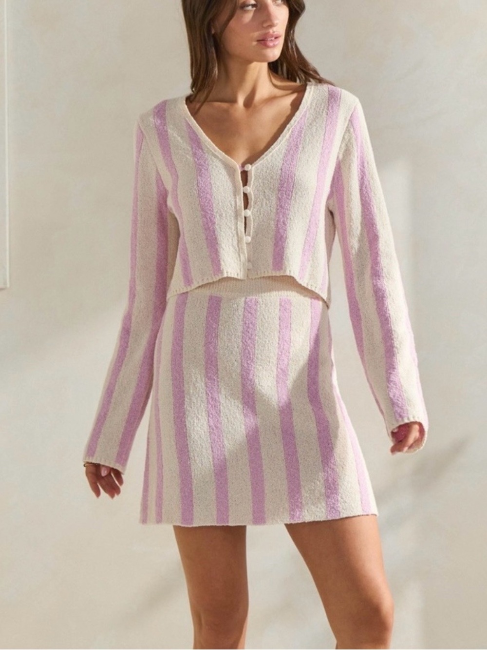 Striped Knit Two-Piece Set in Cream & Light Pink